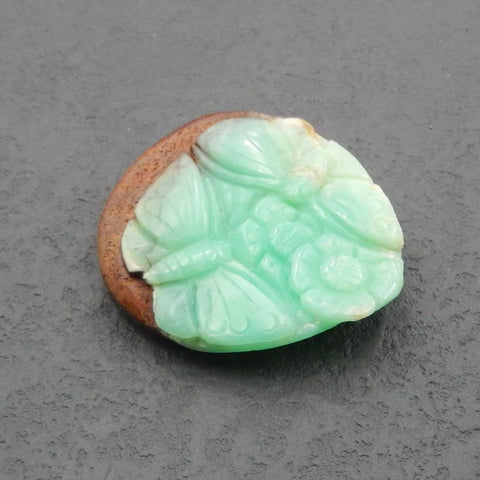 Pierre précieuse de chrysoprase naturelle fleur et papillon sculptée à la main, 42x38x10mm, 107CT