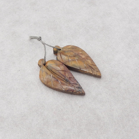 Carved Natural Multi-Color Picasso Jasper Leaf Gemstone Earring Beads,Carved Gemstone Earring Pair,Handmade Jewelry,29x14x4mm,4.2g