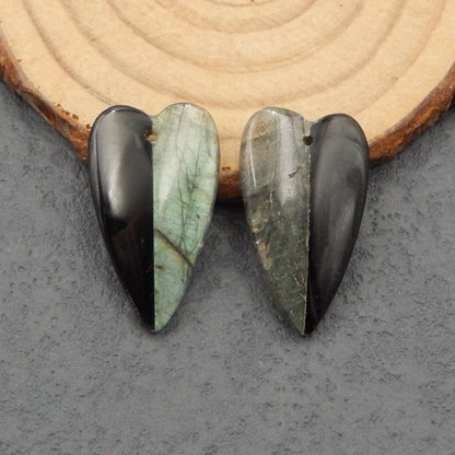 Labradorite naturelle, paire de boucles d'oreilles cœur collé en obsidienne, 26 x 15 x 4 mm, 5,3 g