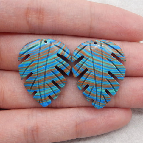 Carved Rainbow Jasper Leaf stone Earring Beads,Jewelry DIY Making, 29x23x5mm, 8.3g