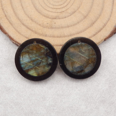 Natural Flash Labradorite and Obsidian Intarsia Round Gemstone Earring Beads,Popular Earring Pair,20x3mm,4.2g