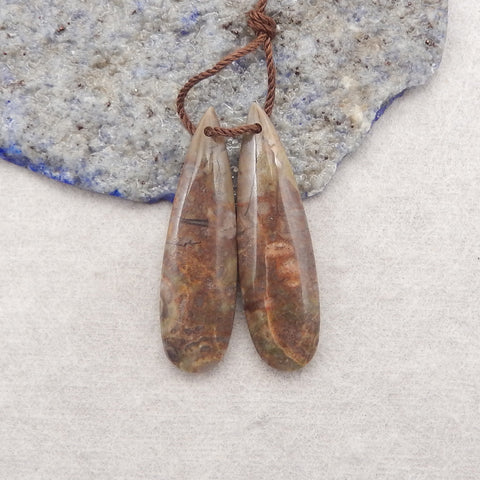 Natural Stone Mushroom Jasper Gemstone Earring Beads, Drilled Stone Earring Pair, 33x9x4mm, 3.4g