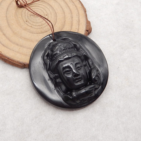 Carved Obsidian Buddha Head Gemstone Healing Pendant Bead, Lucky Pendant For Necklace, 45x11mm, 22.4g