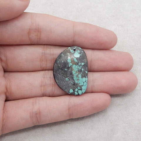 1PC Natural Beautitul Turquoise And Obsidian Intarsia Gemstone Pendant Bead, Gemstone For Jewelry DIY Making, Drilled Flatback Cabochon, 29×21×4mm, 4g