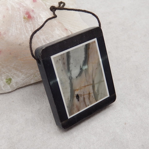 Natural Obsidian, Howlite And Picasso Jasper Intarsia Gemstone Pendant Bead, Side Drilled Gemstone Pendant,Handmade Pendant Gift, 37x33x5mm, 17.7g