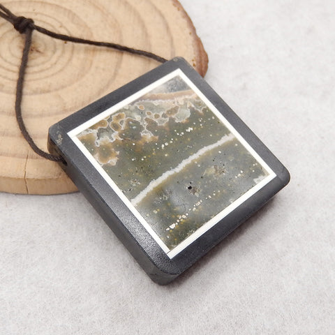 Natural Obsidian, Howlite And Ocean Jasper Intarsia Gemstone Pendant Bead, Side Drilled Gemstone Pendant,Handmade Pendant Gift, 30x30x6mm, 13.8g