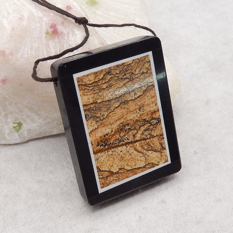 Natural Obsidian, Howlite And Picture Jasper Intarsia Gemstone Pendant Bead, Side Drilled Gemstone Pendant,Handmade Pendant Gift, 41x31x7mm, 21g