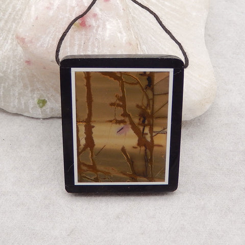 Natural Obsidian, Howlite And Multi-Color Picasso Jasper Intarsia Gemstone Pendant Bead, Side Drilled Gemstone Pendant,Handmade Pendant Gift, 40x33×4mm, 14.8g