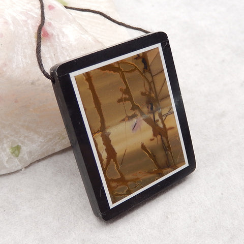 Natural Obsidian, Howlite And Multi-Color Picasso Jasper Intarsia Gemstone Pendant Bead, Side Drilled Gemstone Pendant,Handmade Pendant Gift, 40x33×4mm, 14.8g