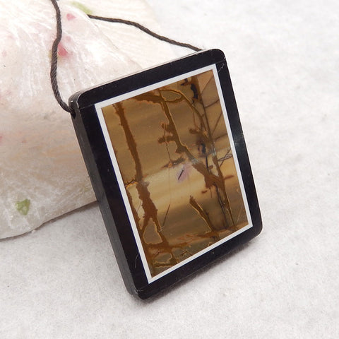 Natural Obsidian, Howlite And Multi-Color Picasso Jasper Intarsia Gemstone Pendant Bead, Side Drilled Gemstone Pendant,Handmade Pendant Gift, 40x33×4mm, 14.8g