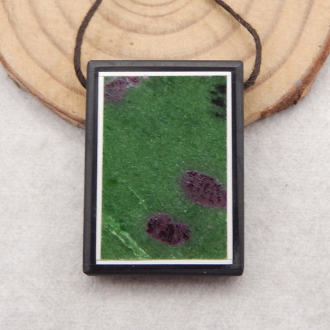 Natural Obsidian, Howlite And Ruby And Zoisite Intarsia Gemstone Pendant Bead, Side Drilled Gemstone Pendant,Handmade Pendant Gift, 34x26×6mm, 13.5g