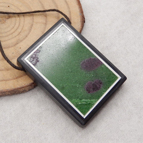 Natural Obsidian, Howlite And Ruby And Zoisite Intarsia Gemstone Pendant Bead, Side Drilled Gemstone Pendant,Handmade Pendant Gift, 34x26×6mm, 13.5g