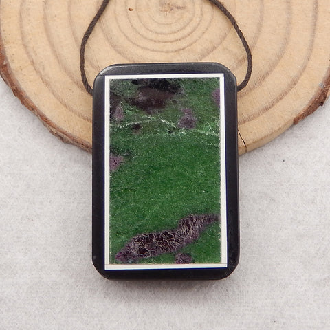 Natural Obsidian, Howlite And Ruby And Zoisite Intarsia Gemstone Pendant Bead, Side Drilled Gemstone Pendant,Handmade Pendant Gift, 36x25×6mm, 13.9g