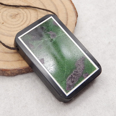 Natural Obsidian, Howlite And Ruby And Zoisite Intarsia Gemstone Pendant Bead, Side Drilled Gemstone Pendant,Handmade Pendant Gift, 36x25×6mm, 13.9g