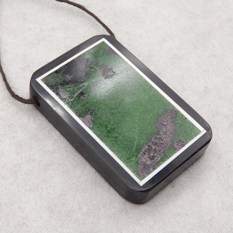 Natural Obsidian, Howlite And Ruby And Zoisite Intarsia Gemstone Pendant Bead, Side Drilled Gemstone Pendant,Handmade Pendant Gift, 36x25×6mm, 13.9g