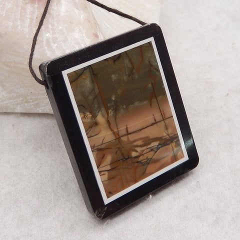 Natural Obsidian, Howlite And Multi-Color Picasso Jasper Intarsia Gemstone Pendant Bead, Side Drilled Gemstone Pendant,Handmade Pendant Gift, 40x33×5mm, 15.8g