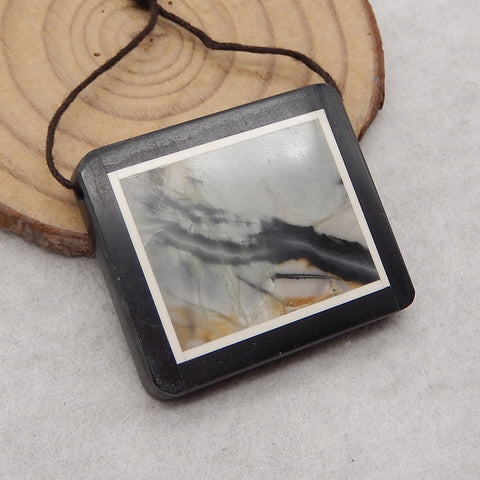 Natural Obsidian, Howlite And Picasso Jasper Intarsia Gemstone Pendant Bead, Side Drilled Gemstone Pendant,Handmade Pendant Gift, 35x30×5mm, 14.4g