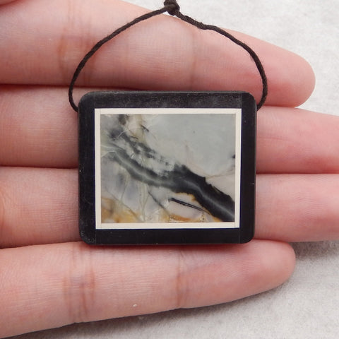 Natural Obsidian, Howlite And Picasso Jasper Intarsia Gemstone Pendant Bead, Side Drilled Gemstone Pendant,Handmade Pendant Gift, 35x30×5mm, 14.4g