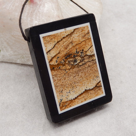 Natural Obsidian, Howlite And Picture Jasper  Intarsia Gemstone Pendant Bead, Side Drilled Gemstone Pendant,Handmade Pendant Gift, 43x33x6mm, 22.6g