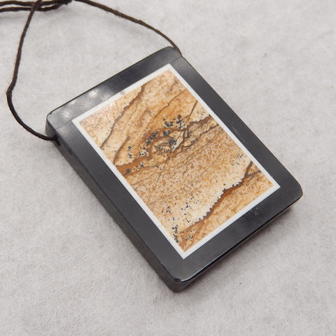 Natural Obsidian, Howlite And Picture Jasper  Intarsia Gemstone Pendant Bead, Side Drilled Gemstone Pendant,Handmade Pendant Gift, 43x33x6mm, 22.6g