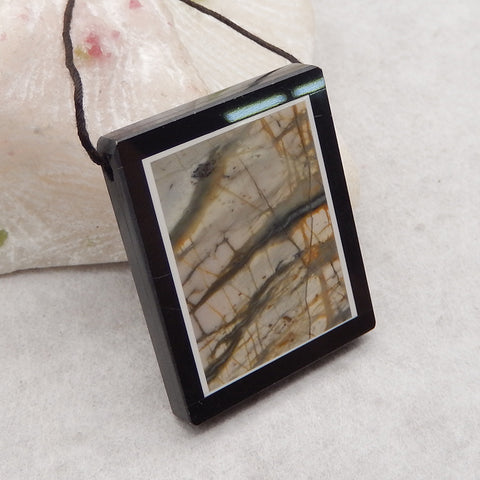 Natural Obsidian, Howlite And Picasso Jasper Intarsia Gemstone Pendant Bead, Side Drilled Gemstone Pendant,Handmade Pendant Gift, 40x32x5mm, 17.2g