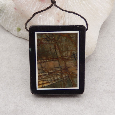 Natural Obsidian, Howlite And Multi-Color Picasso Jasper Intarsia Gemstone Pendant Bead, Side Drilled Gemstone Pendant,Handmade Pendant Gift, 42x33x6mm, 23.1g