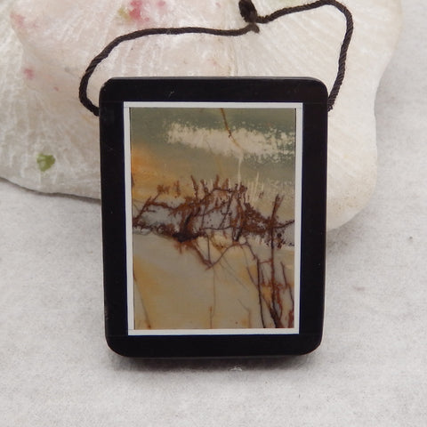 Natural Obsidian, Howlite And Picasso Jasper Intarsia Gemstone Pendant Bead, Side Drilled Gemstone Pendant,Handmade Pendant Gift, 41x33x6mm, 19.9g