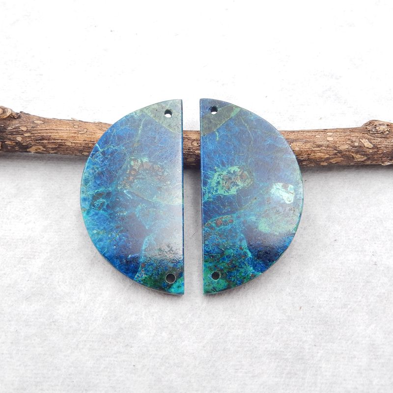 天然 Chrysocolla 宝石耳环一对，20x40x3mm 11.2g