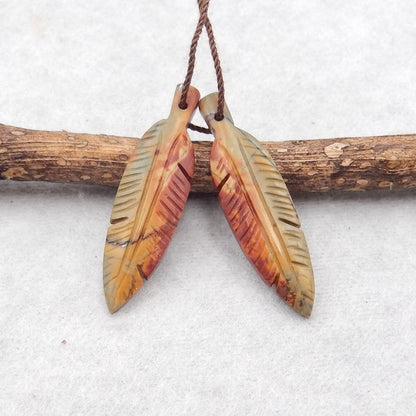 Natural Red Creek Jasper Carved leaf Earring Beads 35X10X4mm, 4.9g