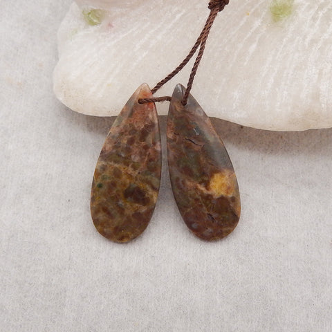 1 Pair Natural Mushroom Jasper Teardrop Gemstone Earrings Beads, Drilled Stone Earring Pair, Gemstone For Jewelry DIY Making, 28x11x4mm, 3.6g