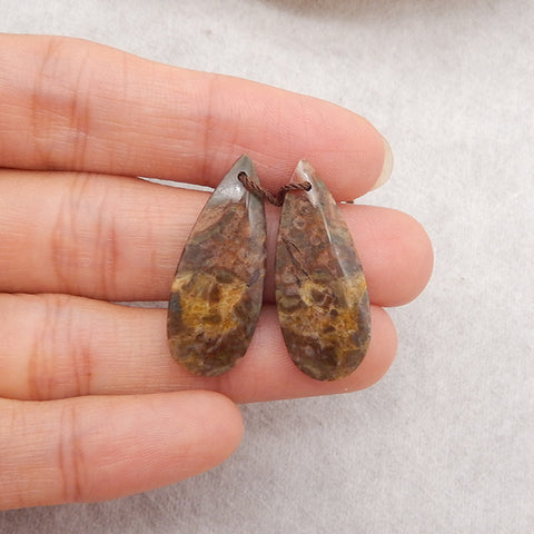 1 Pair Natural Mushroom Jasper Teardrop Gemstone Earrings Beads, Drilled Stone Earring Pair, Gemstone For Jewelry DIY Making, 28x11x4mm, 3.6g