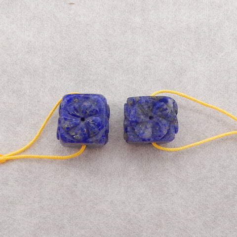 New Carved Natural Lapis Lazuli Flower Square Gemstone Earring Beads, Popular Earring Pair For DIY Making, 15x14x14mm, 12.2g