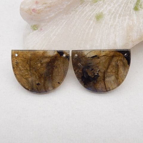 New 1 Pair Natural Flash Labradorite Double Hole Gemstone Earrings, Gem Jewelry Gift, Customized Gemstone Earring Pair, 30×22×3mm, 9.5g