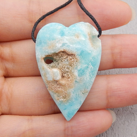 New Natural Drusy Hemimorphite Heart Gemstone Pendant Bead, Popular Side Drilled Pendant For DIY Making, 38×25×11mm, 15.6g