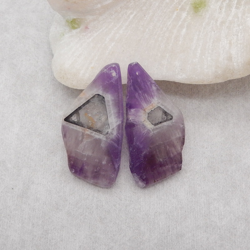 Natural Amethyst Gemstone Earring Beads, Drilled Earring Pair For Jewelry DIY Making, Purple Earring Pair, 34x17x3mm, 6.9g