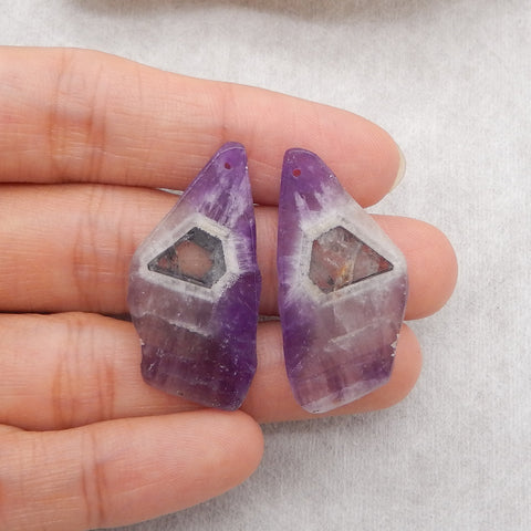 Natural Amethyst Gemstone Earring Beads, Drilled Earring Pair For Jewelry DIY Making, Purple Earring Pair, 34x17x3mm, 6.9g