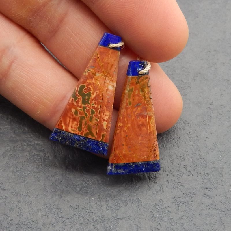 Intarsia of Lapis Lazuli and Red Creek Earring Beads 29x13x4mm, 4.6g