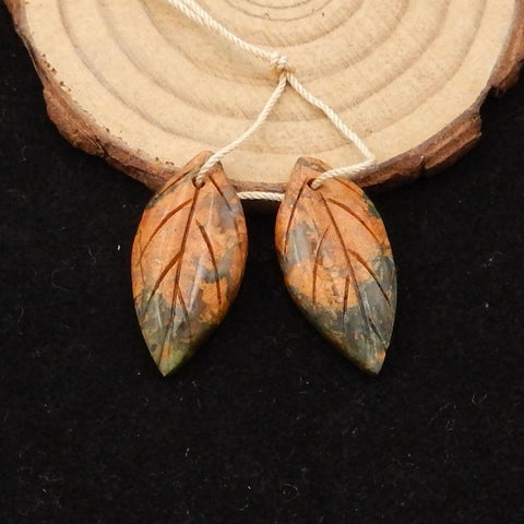 Natural Green Opal Carved leaf Earring Beads 28x14x4mm, 4.4g