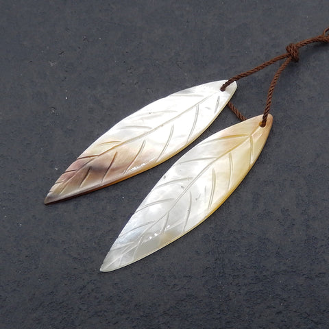 New! Carved Natural Stone Shell Leaf Shape Gemstone Earring Beads, Drilled Cabochons, Popular Earring Pair, 46x12x2mm, 4g