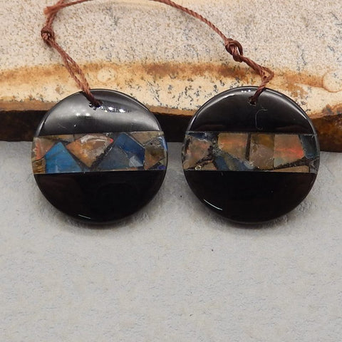 Intarsia of Obsidian, Labradorite and Ammonite fossil  Earring Beads 20x5mm, 6g