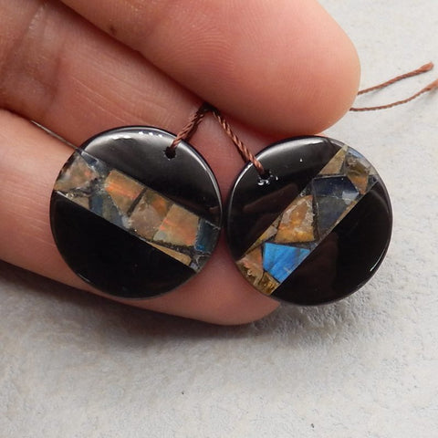 Intarsia of Obsidian, Labradorite and Ammonite fossil  Earring Beads 20x5mm, 6g