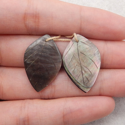 Carved Natural Stone Shell Leaf Shape Gemstone Earring Beads, Popular Earring Pair, 29x19x3mm, 4g