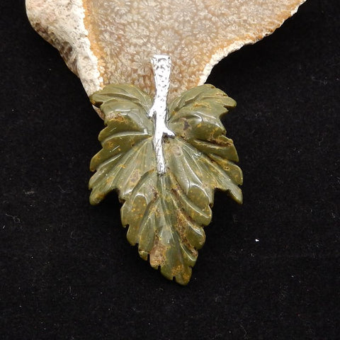 Natural Ocean Jasper Carved leaf Pendant with 925 Sterling Silver 46*30*8mm, 8.8g