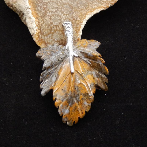 Natural Ocean Jasper Carved leaf Pendant with 925 Sterling Silver 46*30*8mm, 8.8g