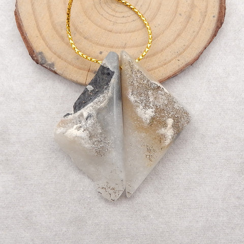 Natural Drusy White Quartz With Pyrite Earring Beads,44x21x10mm,17g