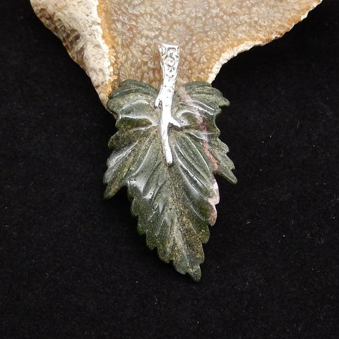 Natural Ocean Jasper Carved leaf Pendant with 925 Sterling Silver 46*30*8mm, 8.8g