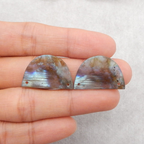 New 1 Pair Natural Flash Labradorite Double Hole Gemstone Earrings, Gem Jewelry Gift, Customized Gemstone Earring Pair, 25×21×3mm, 4.4g