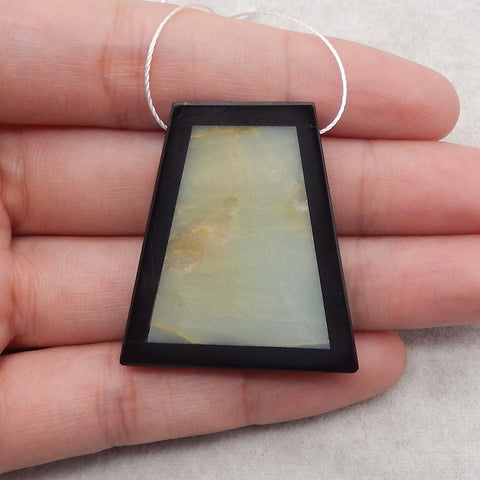 Natural Obsidian and Amazonite Intarsia Gemstone Pendant Bead, Side Drilled Gemstone Pendant,Handmade Pendant Gift, 39x36x6mm, 17.4g