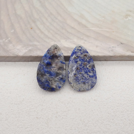 New 1 Pair Natural Lapis Lazuli Teardrop Gemstone Earring Beads (Rough Surface), Jewelry DIY Making, Drilled Gemstone Pair,24x15x4mm, 4.2g