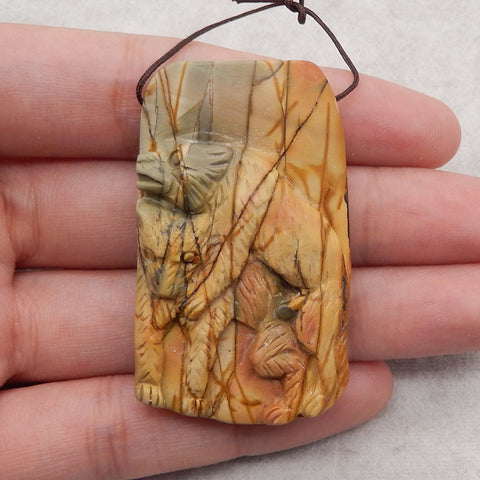 Carved Natural Multi-Color Picasso Jasper Wolf Gemstone Pendant Bead, Side Drilled Gemstone Pendant,53x32x12mm,36g